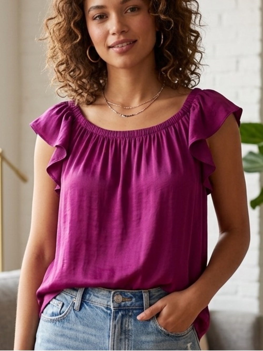 NWT LOFT Ruffle Flutter Sleeve Mixed Media Top Blouse Plum Purple Magenta Large